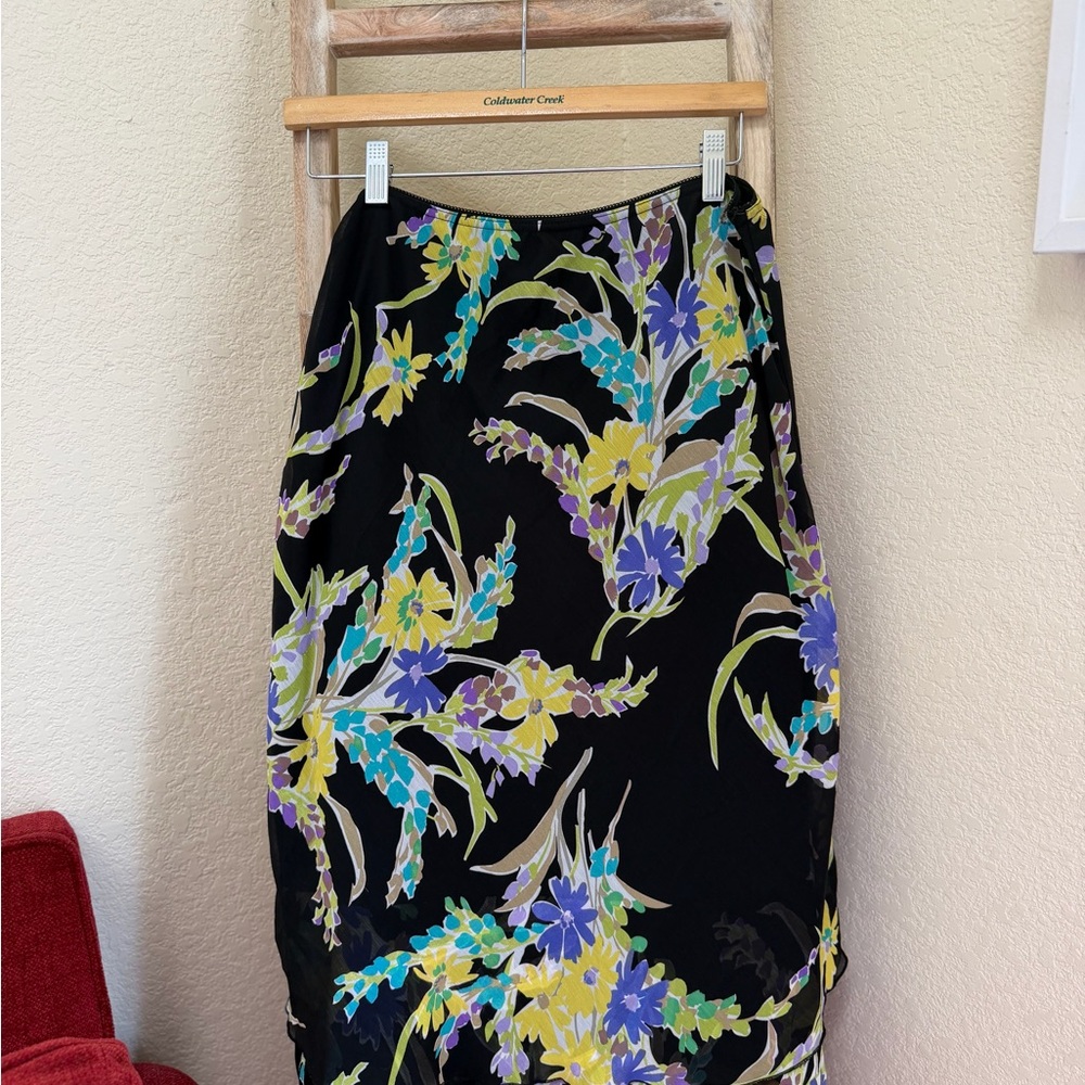Briggs New York Black Flowy Skirt with Yellow, Purple & Teal Floral Print